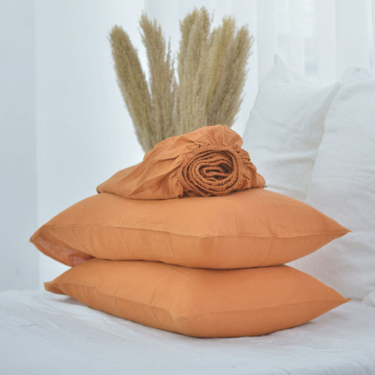 Orange French Linen Fitted Sheet + 2 Pillowcases Set - Plain Dyeing 37