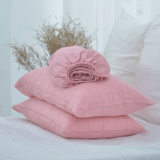 Red Pink French Linen Fitted Sheet + 2 Pillowcases Set - Yarn Dyeing 43
