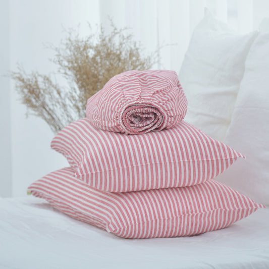 Red Striped French Linen Fitted Sheet + 2 Pillowcases Set - Yarn Dyeing 52