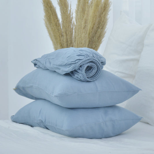 Slate French Linen Fitted Sheet + 2 Pillowcases Set - Plain Dyeing 35