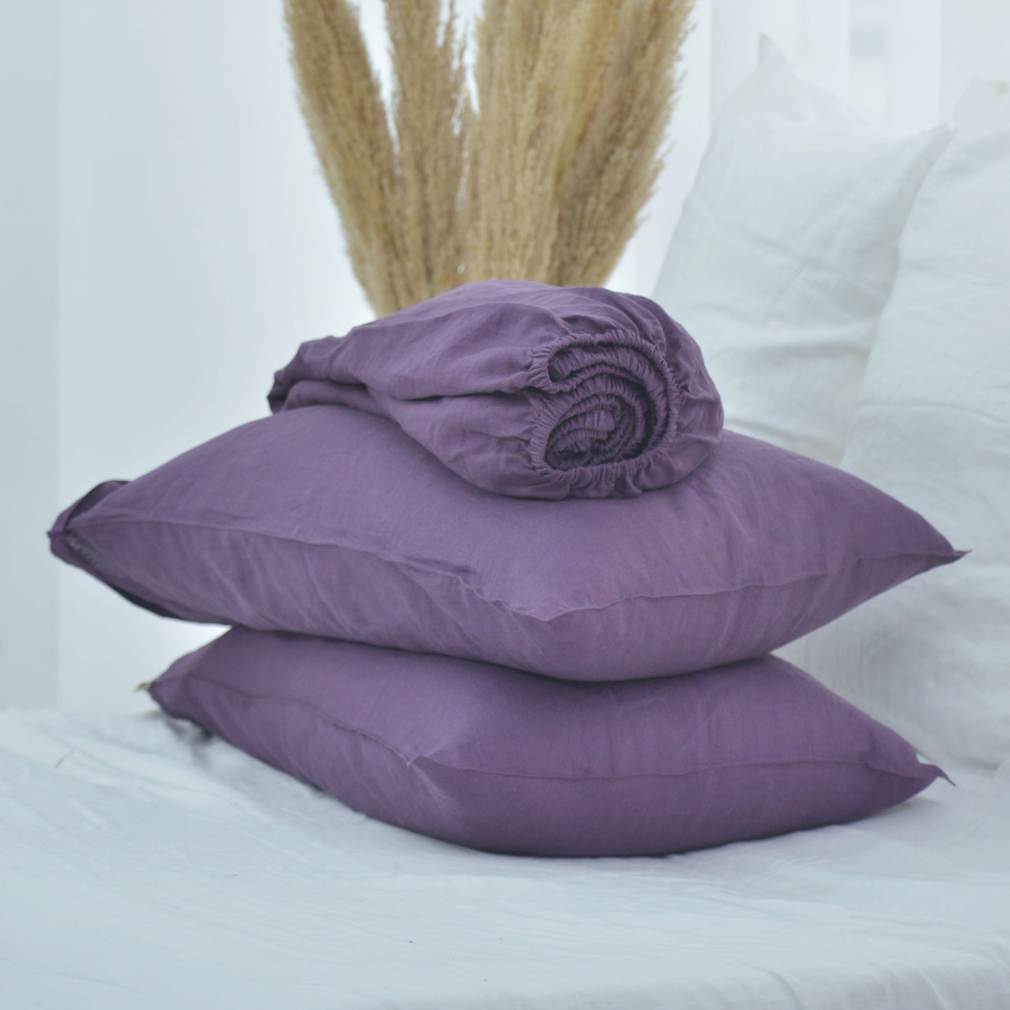 Violet French Linen Fitted Sheet + 2 Pillowcases Set - Plain Dyeing 16