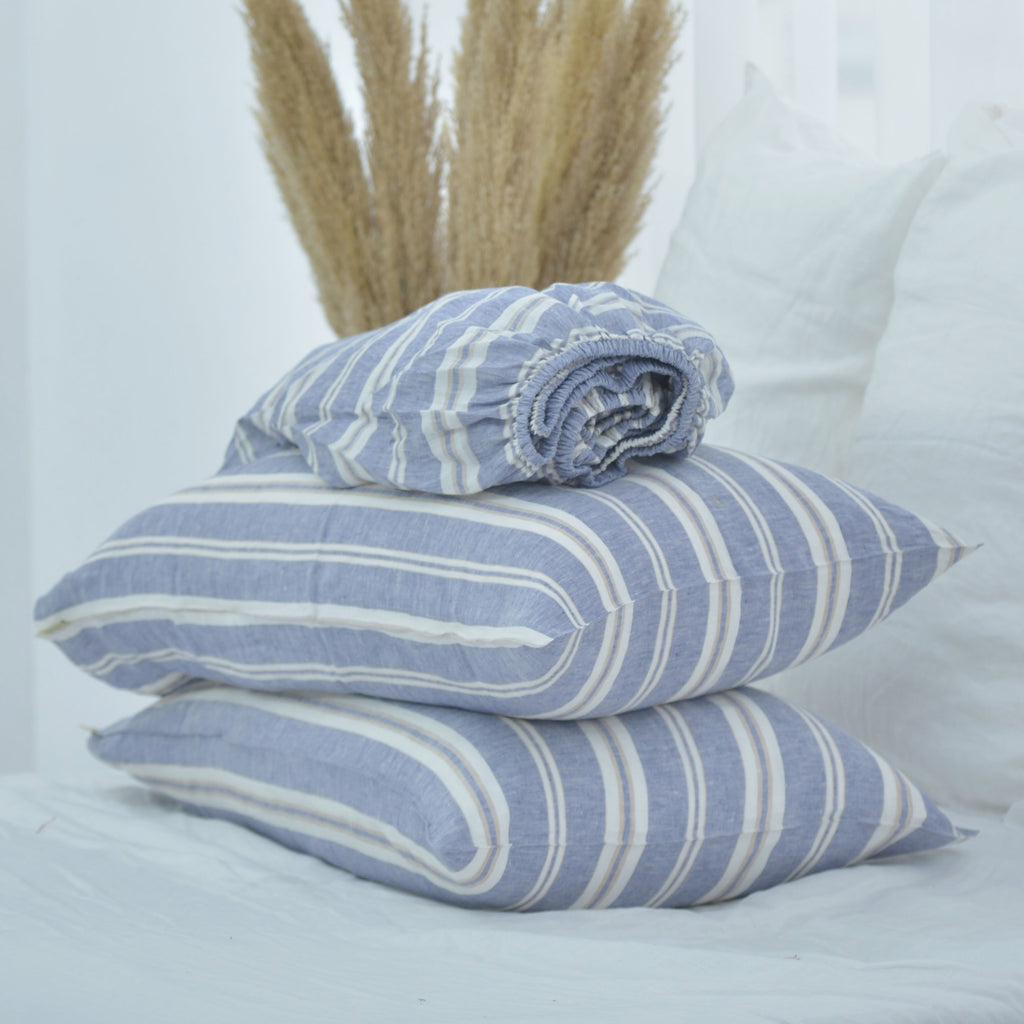 Wide Striped French Linen Fitted Sheet + 2 Pillowcases Set - Yarn Dyeing 55
