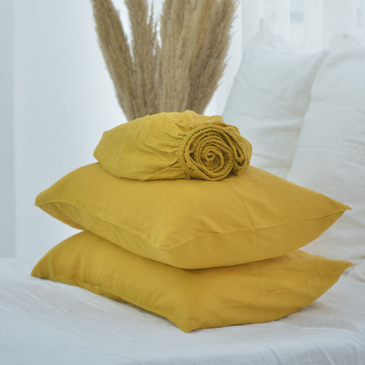 Yellow French Linen Fitted Sheet + 2 Pillowcases Set - Plain Dyeing 34
