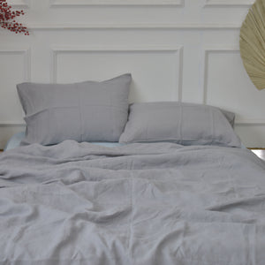 Stone French Linen Fitted Sheet + 2 Pillowcases Set - Plain Dyeing 15