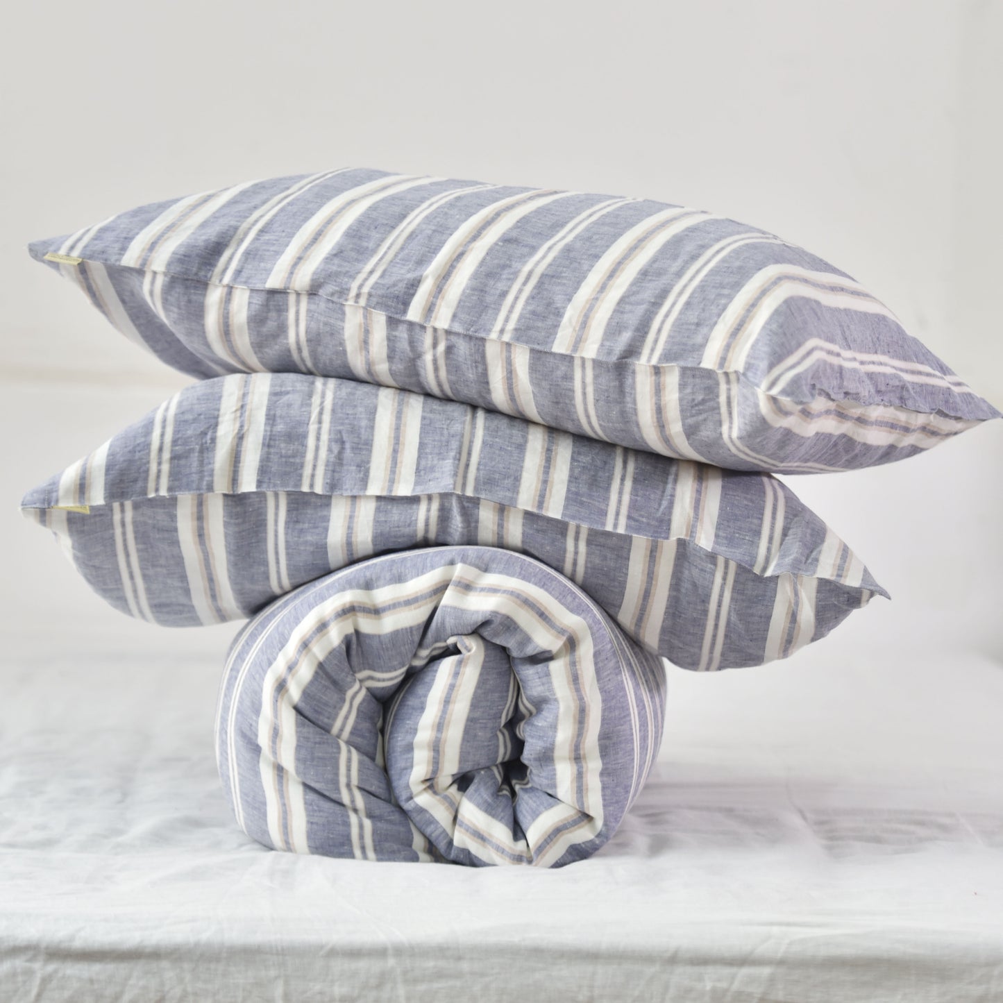 Wide Striped French Linen Duvet Cover+2 Pillowcases Set - Yarn Dyeing 55