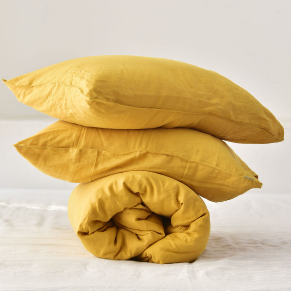 Yellow French Linen Duvet Cover+2 Pillowcases Set - Plain Dyeing 34