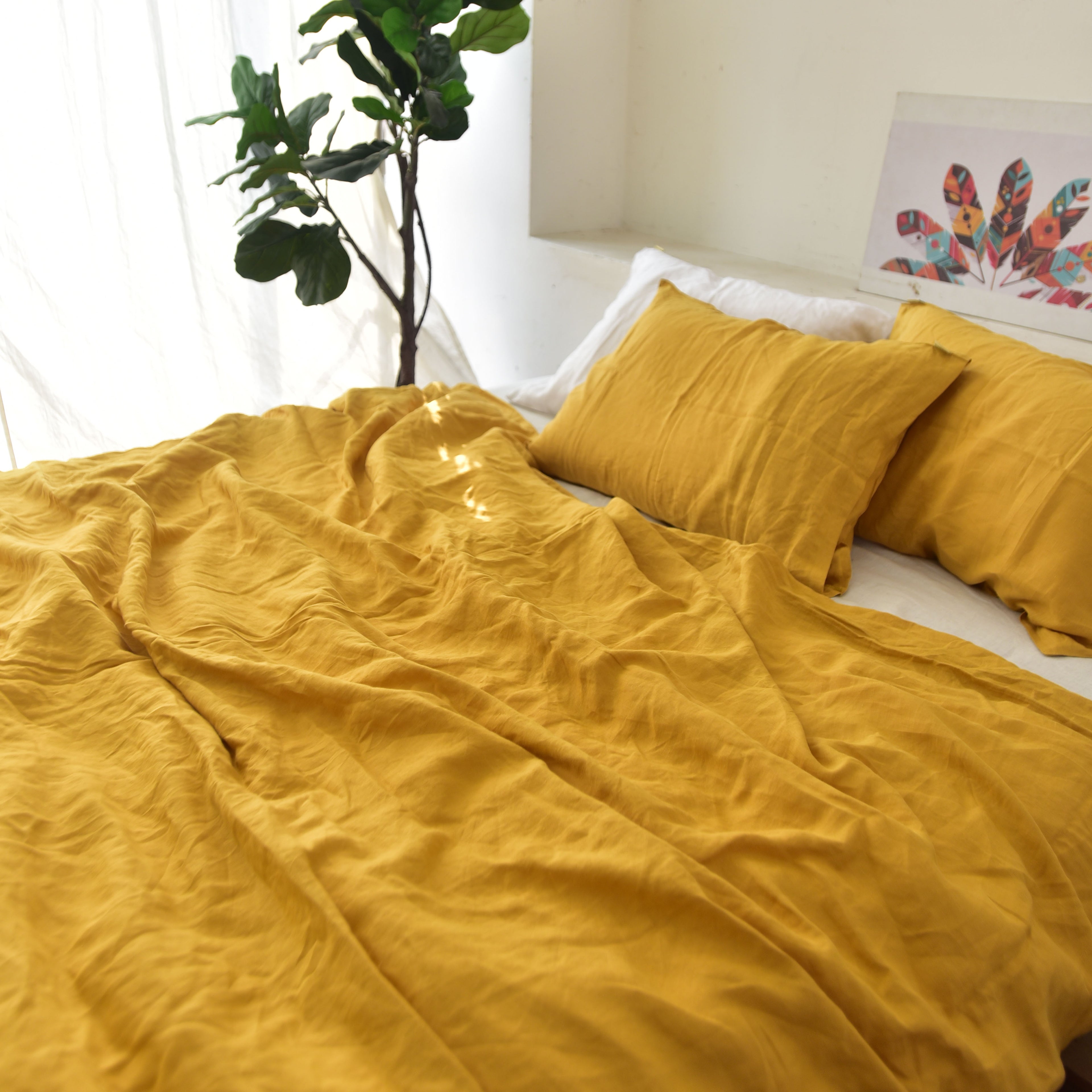 Yellow French Linen Fitted Sheet - Plain Dyeing