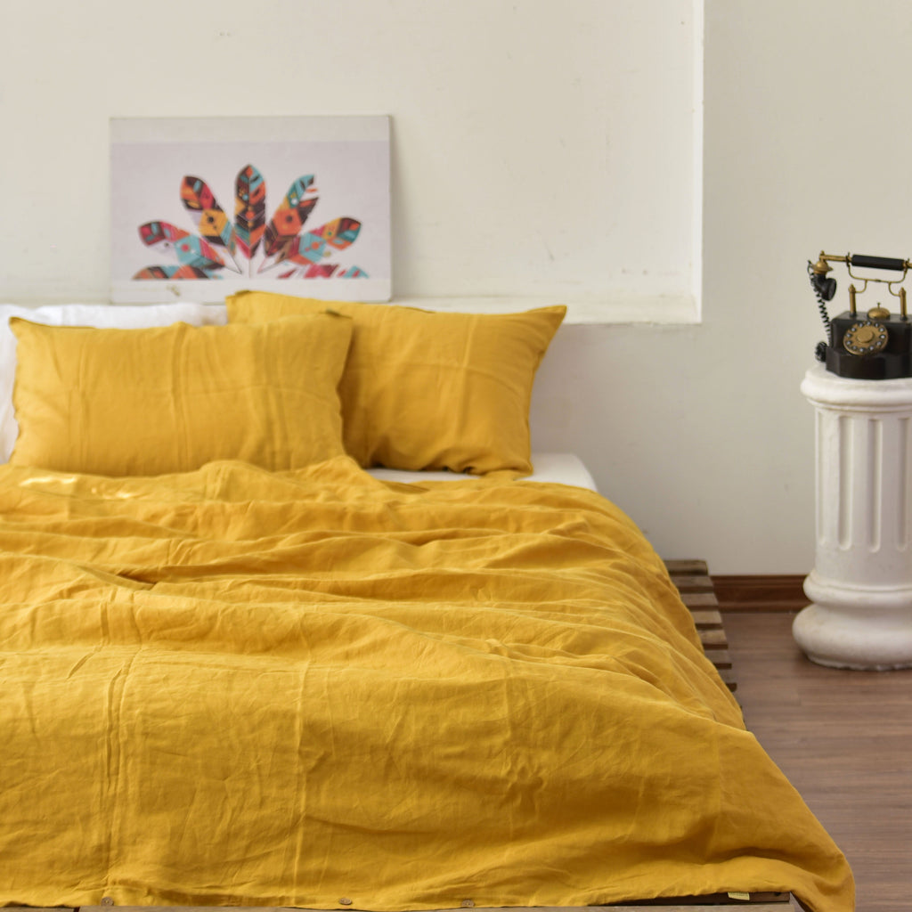 Yellow French Linen Fitted Sheet + 2 Pillowcases Set - Plain Dyeing 34
