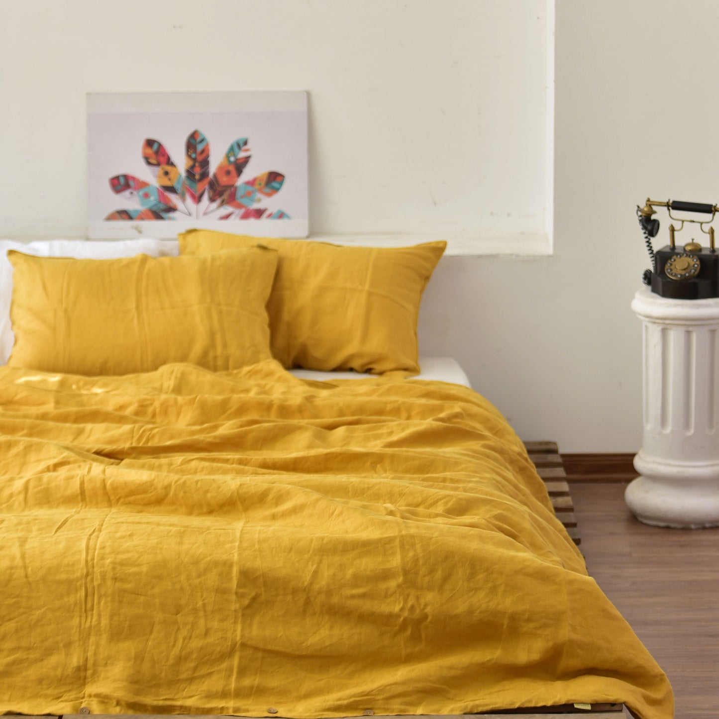 Yellow French Linen Duvet Cover+2 Pillowcases Set - Plain Dyeing 34